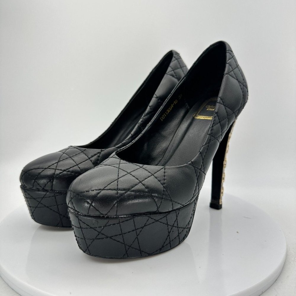 Christian Dior  Women Sz US 9 EU 39 Black Metal Cannage Heel Platform Pump Shoes